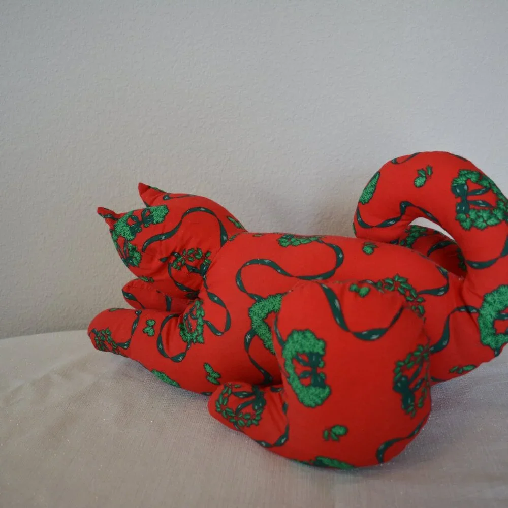 Large red green Christmas Holiday stuffed decor plush cat Handmade Kitty pillow
